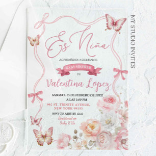 Pink Bow Coquette Butterfly Es Niña Acrylic Invitations