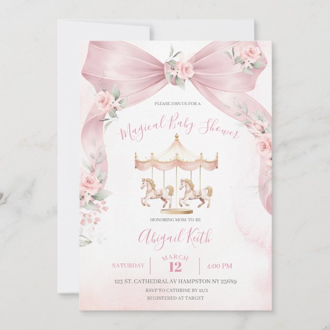 Pink Bow Coquette Carousel Baby Shower Invitation (Front)