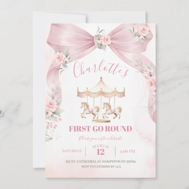 Pink Bow Coquette Carousel First Birthday Invitat Invitation (Front)