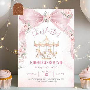  Pink Bow Coquette Carousel First Birthday Invitation
