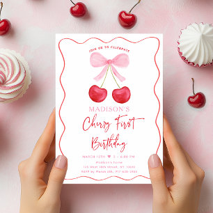 Pink Bow Coquette Cherry First Birthday Invitation