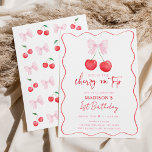 Pink Bow Coquette Cherry Girl Birthday Invitation<br><div class="desc">This sweet design features my hand painted pink watercolor bow and cherries.</div>