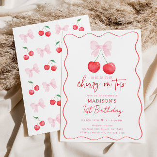 Pink Bow Coquette Cherry Girl Birthday Invitation