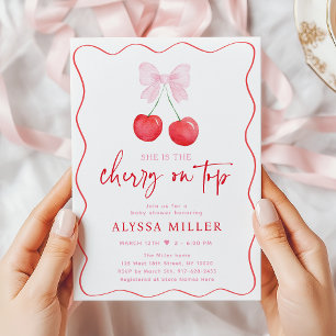 Pink Bow Coquette Cherry on Top Baby Shower Invitation