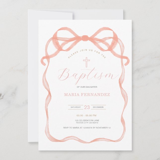 Pink Bow Coquette Christening  Invitation (Front)