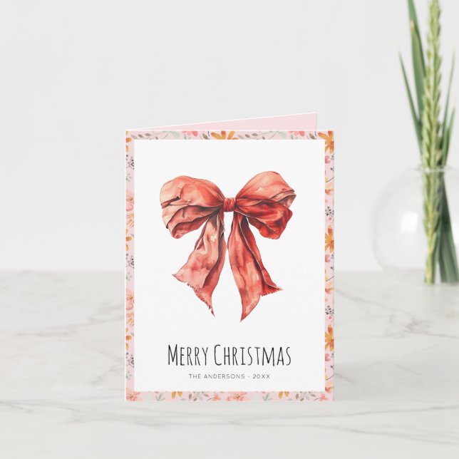 Pink Bow Coquette Christmas Photo Holiday Card (Front)