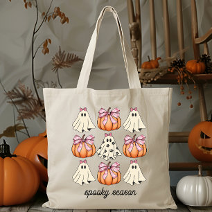 Pink Bow Coquette Cute Ghost And Pumpkin Halloween Tote Bag