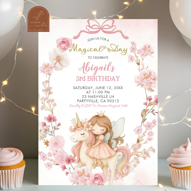 Pink Bow Coquette Fairies and Unicorns Birthday Invitation (Creator Uploaded)