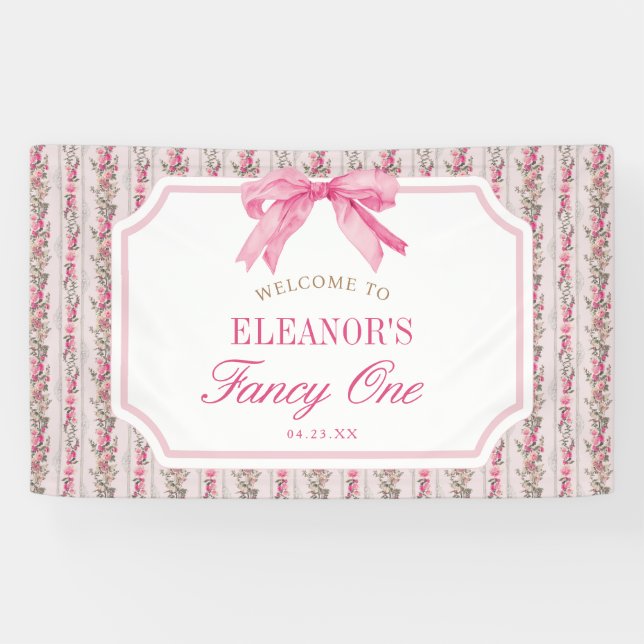 Pink Bow Coquette Fancy One Birthday Party Banner (Horizontal)