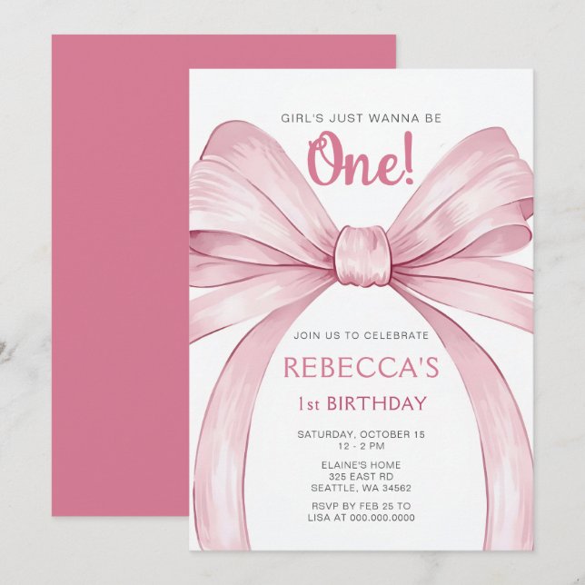 Pink Bow Coquette First Birthday Invitation (Front/Back)