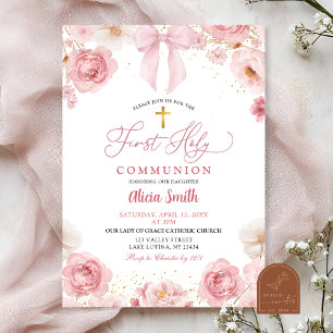 Pink Bow Coquette First Holy Communion Invitation