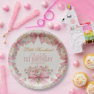 Pink Bow Coquette Floral 1st Birthday Personalised Paper Plate