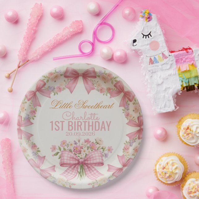 Pink Bow Coquette Floral 1st Birthday Personalized Paper Plate (Party)