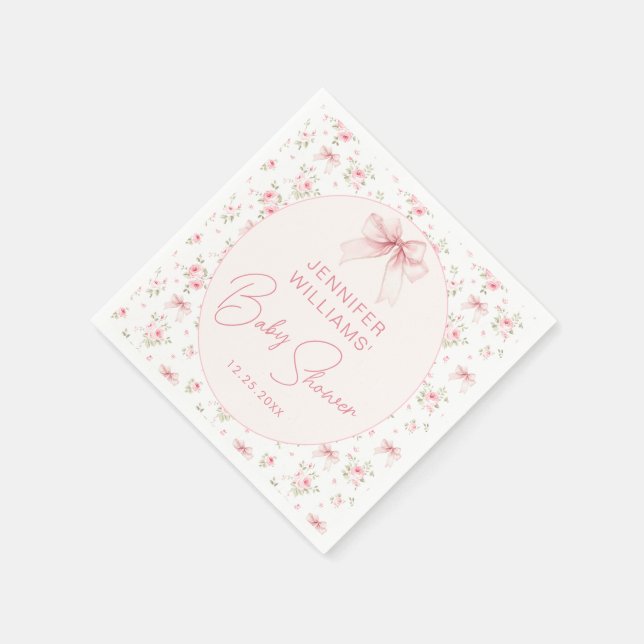 Pink Bow Coquette Floral Baby Girl Shower Paper Napkin (Corner)