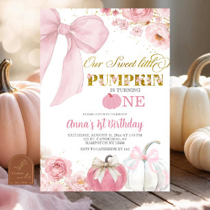 Pink Bow Coquette Floral Pumpkin 1st birthday Invitation