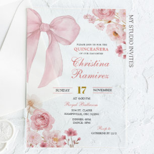 Pink Bow coquette floral Quinceanera  Acrylic Invitations