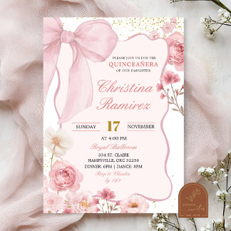 Pink Bow Coquette Floral Quinceanera  Invitation