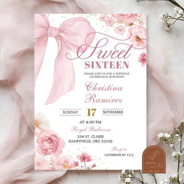 Pink Bow Coquette floral Sweet Sixteen Invitation (Creator Uploaded)