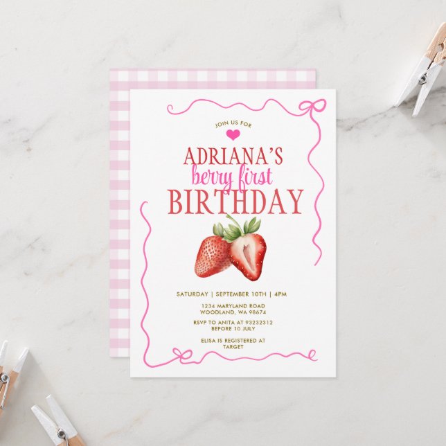 Pink Bow Coquette Gingham Berry First Birthday Invitation (Front/Back In Situ)