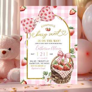 Pink Bow Coquette Gingham Berry Sweet Baby Shower Invitation