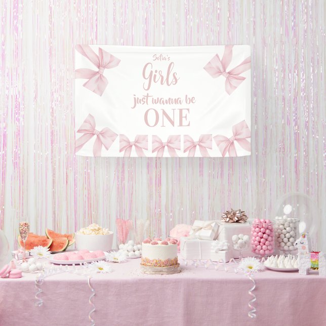 Pink Bow Coquette Girl 1st Birthday Banner (Creator Uploaded)