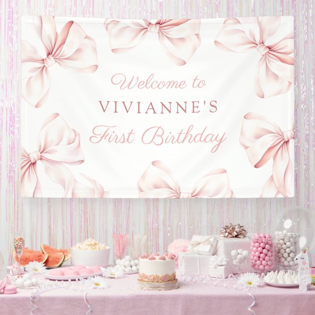 Pink Bow Coquette Girl 1st Birthday Banner (Party)