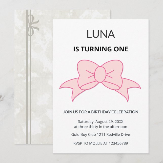 Pink Bow Coquette Girl Kids 1st Birthday  Invitation (Front/Back)