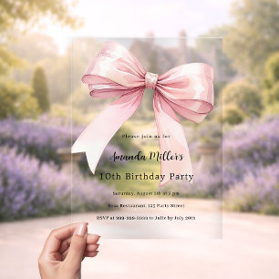 Pink bow coquette girl luxury clear birthday acrylic invitations