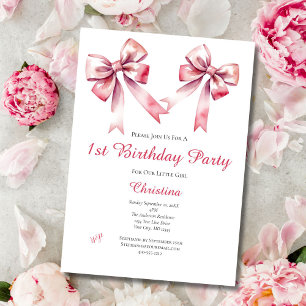 Pink Bow Coquette Girly 1st Birthday Invitation