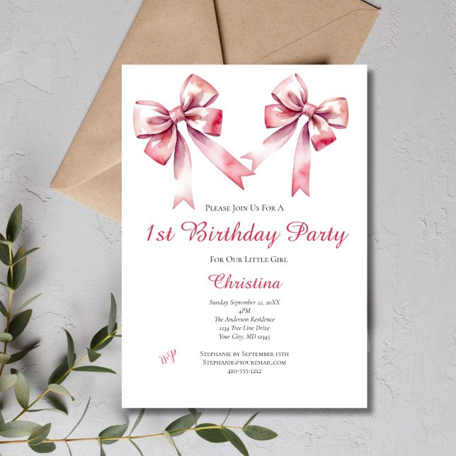 Pink Bow Coquette Girly 1st Birthday Invitation (Pink Bow Coquette Aesthetic Baby Girls 1st Birthday Party Invitation. Printed or Digital Download)