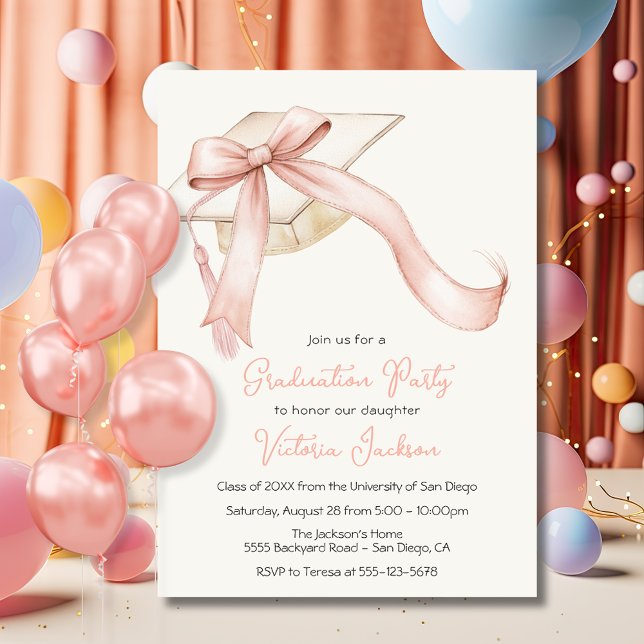 Pink Bow Coquette Girly Graduation Cap Invitation (Creator Uploaded)