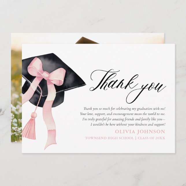Pink Bow  Coquette Graduation Cap  Thank You Cards (Front/Back)