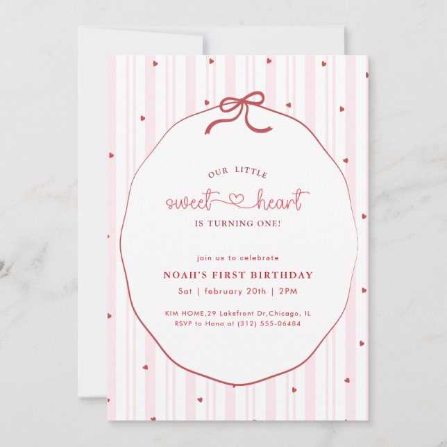 Pink Bow Coquette Little Sweetheart 1st Birthday Invitation (Front)