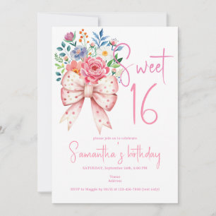 Pink Bow Coquette Modern Floral Sweet 16 Birthday  Invitation