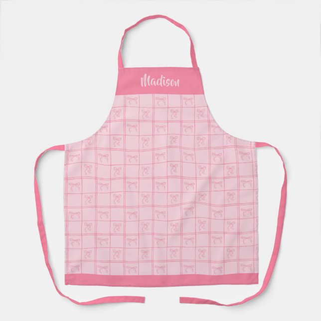 Pink Bow Coquette Modern Girly Personalised Name Apron (Front)
