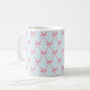Pink Bow Coquette Pattern on Blue Coffee Mug