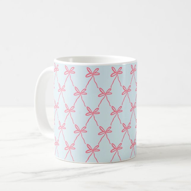 Pink Bow Coquette Pattern on Blue Coffee Mug (Front Left)