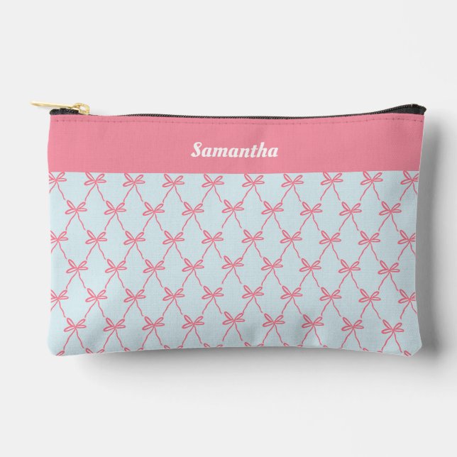 Pink Bow Coquette Pattern on Blue Custom Name Accessory Pouch (Front)