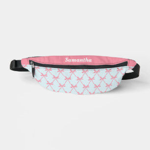 Pink Bow Coquette Pattern on Blue Custom Name Bum Bags