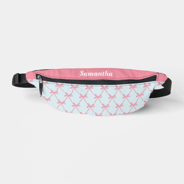 Pink Bow Coquette Pattern on Blue Custom Name Bum Bags (Front)
