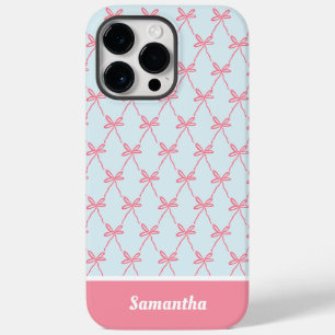 Pink Bow Coquette Pattern on Blue Custom Name Case-Mate iPhone 14 Pro Max Case