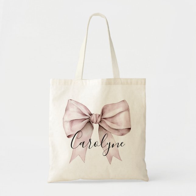 Pink bow coquette Personalised Name bridesmaid  Tote Bag (Front)