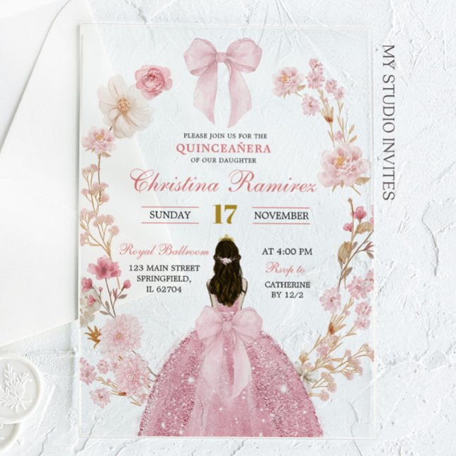 Pink Bow coquette Princess floral Quinceanera Acrylic Invitations (Creator Uploaded)