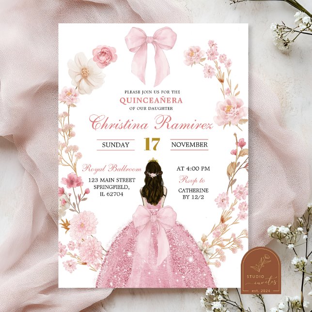 Pink Bow coquette Princess floral Quinceanera Invitation (Creator Uploaded)