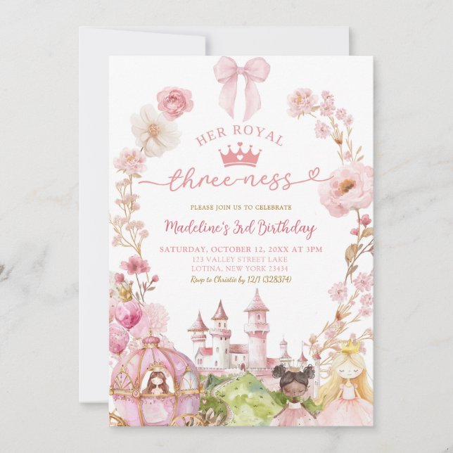 Pink Bow Coquette Princess Kingdom 3rd Birthday Invitation (Front)