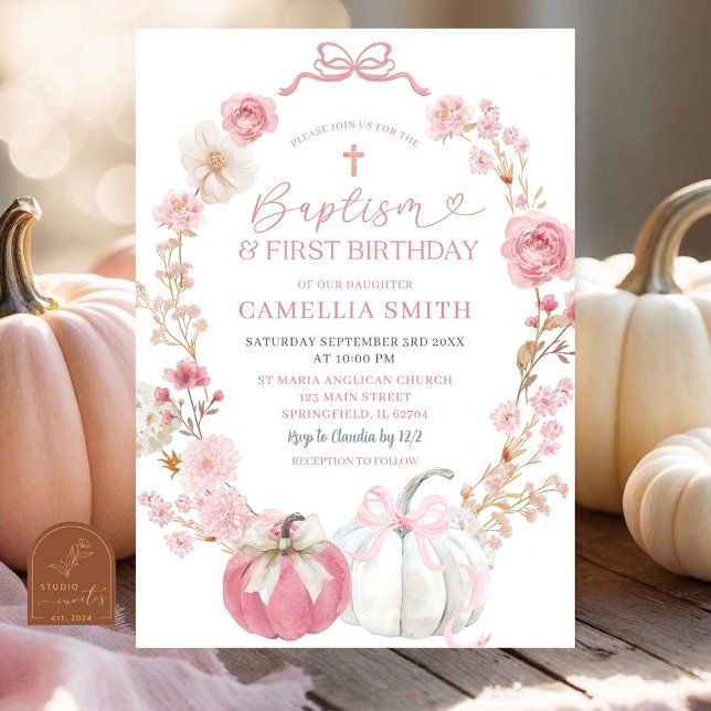 Pink Bow Coquette Pumpkin Baptism and Birthday Invitation (Creator Uploaded)