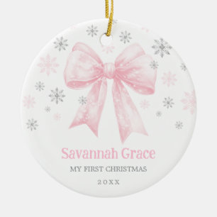 Pink Bow Coquette Ribbon Baby Girl 1st Christmas Ceramic Ornament