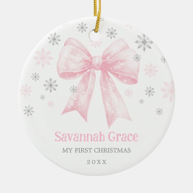 Pink Bow Coquette Ribbon Baby Girl 1st Christmas Ceramic Ornament (Front)