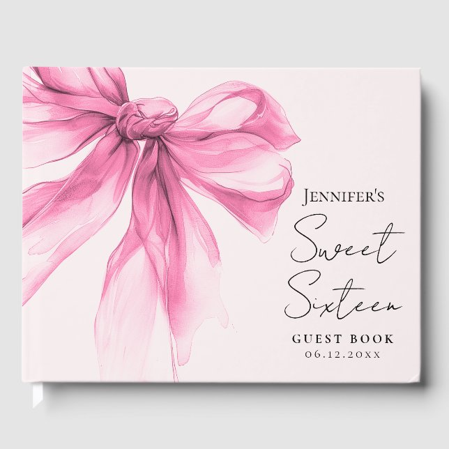 Pink Bow Coquette Script Sweet 16 Blush  Guest Book (Front)