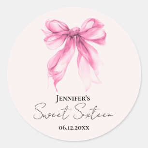Pink Bow Coquette Script Sweet 16 Party Blush  Classic Round Sticker